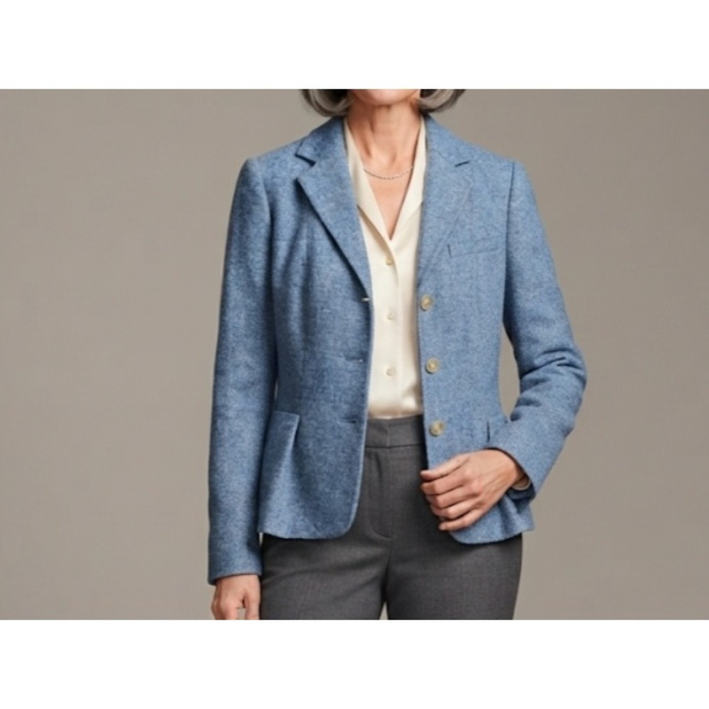 Talbots Womens Blue 100% Wool 3-Button Blazer Jacket Size 12 Heathered Career